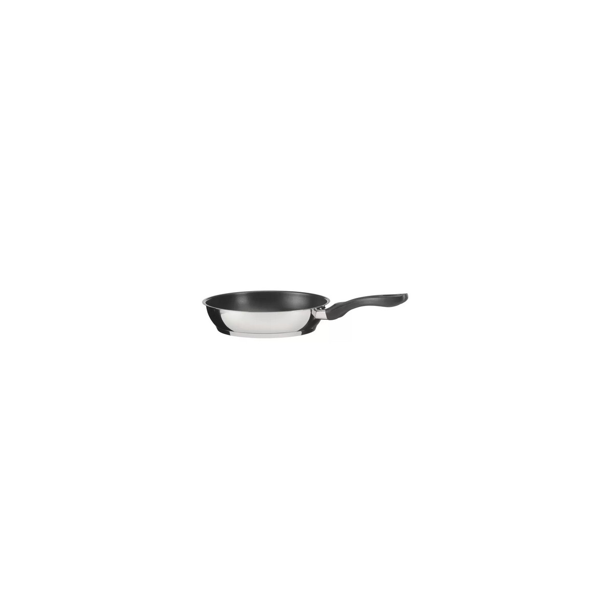 A silver frying pan with a black handle on a white background.