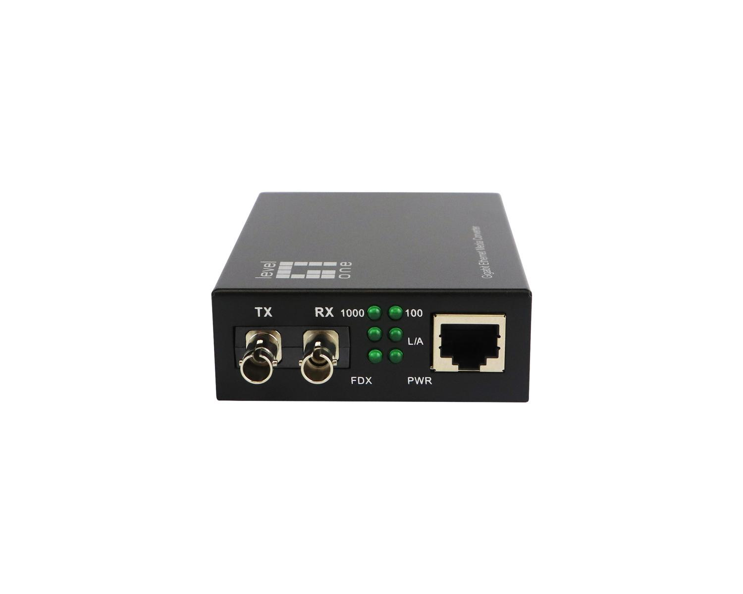 Convertitore multimediale Gigabit Ethernet nero con porte TX/RX, LED e connettore RJ45.