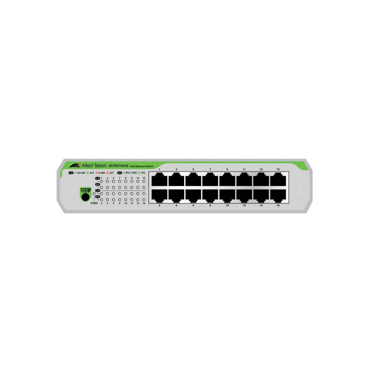 Uno switch Ethernet Allied Telesis a 16 porte con alimentazione e LED di stato.