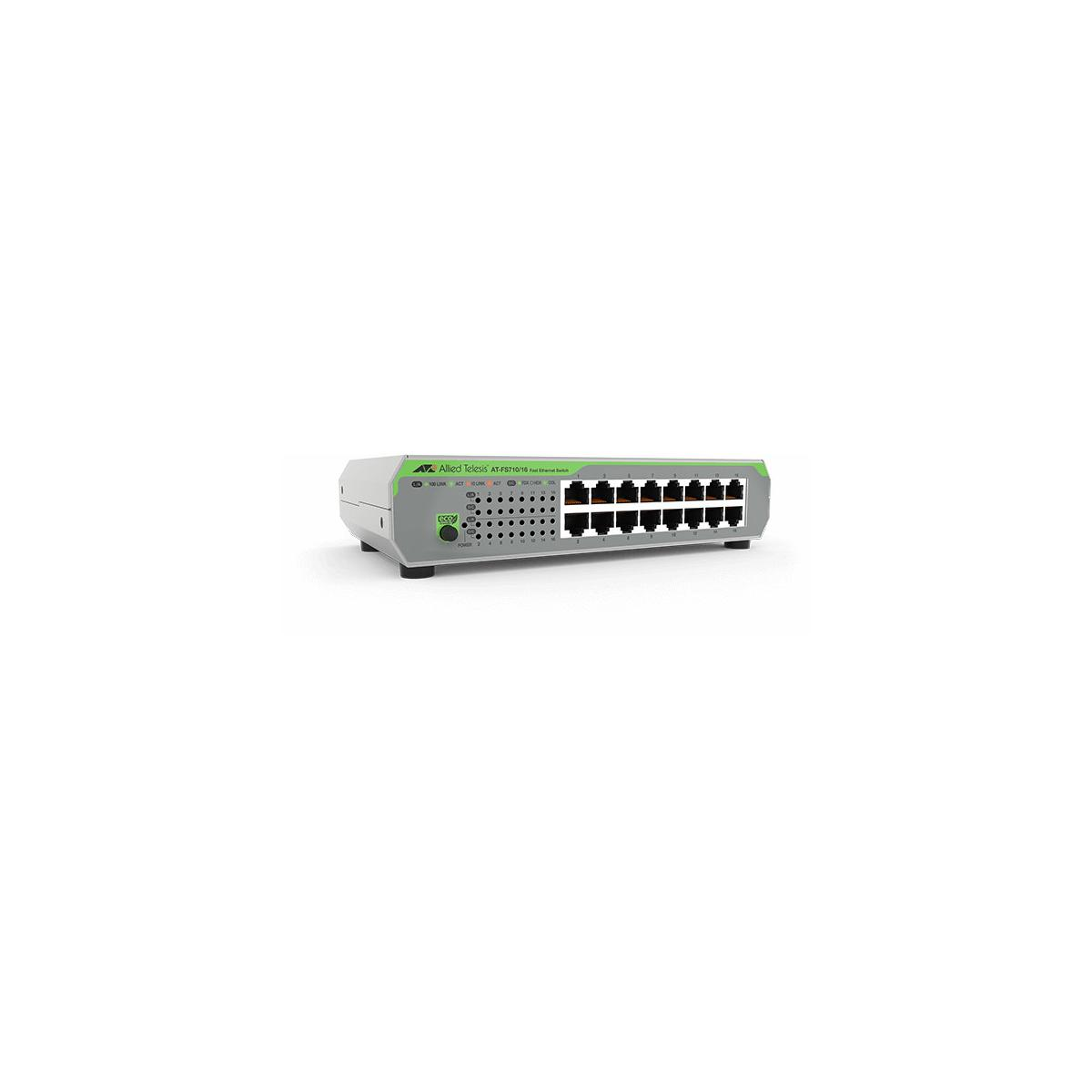 Switch Ethernet veloce Allied Telesis AT-FS710/16 grigio e verde con 16 porte.