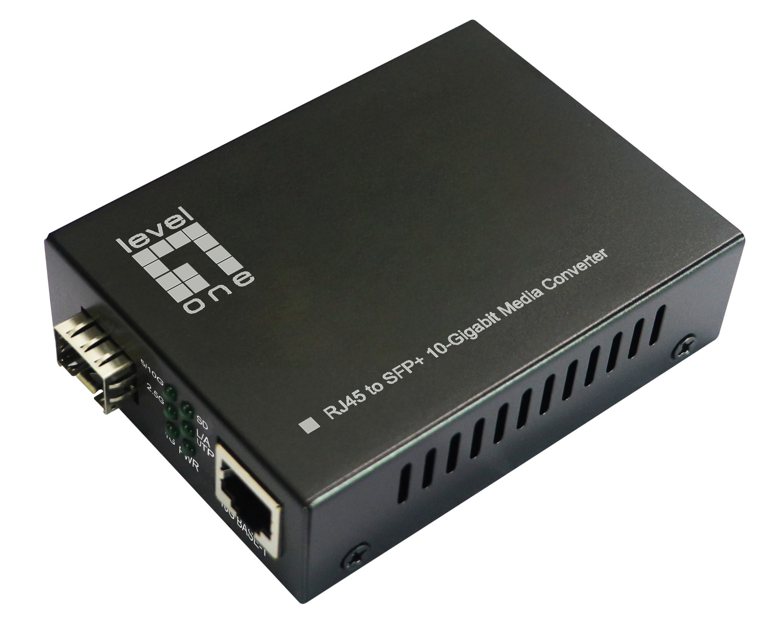 Convertitore multimediale nero con porte RJ45 e SFP+. Etichettato 'level one'.