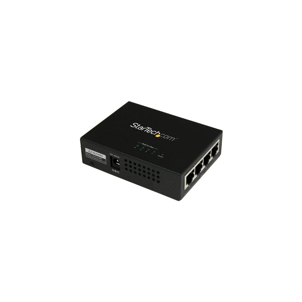 Schwarzer StarTech.com PoE-Splitter mit 4 Ethernet-Ports und LEDs auf weißem Hintergrund.