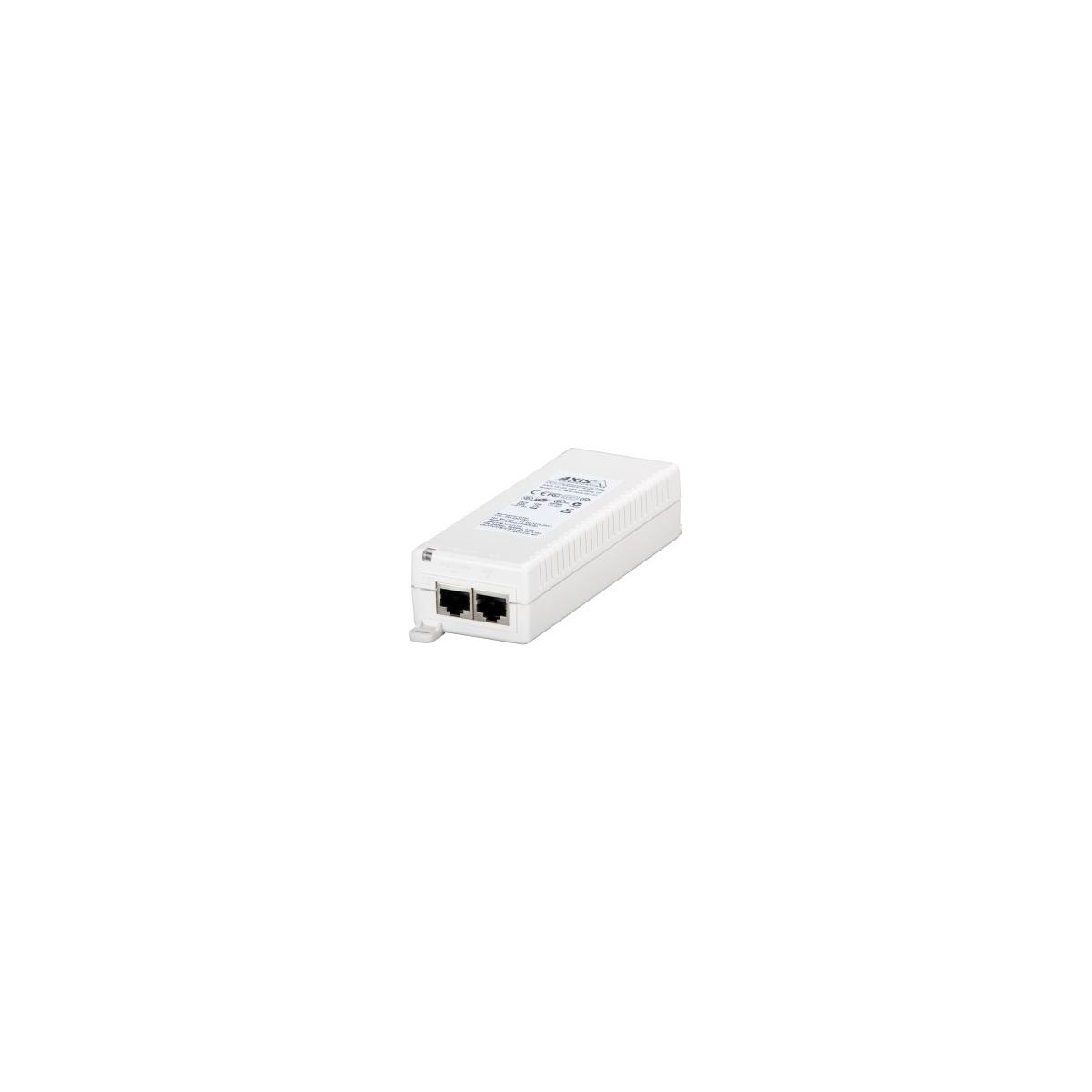 Ein weißes AXIS-Netzteil mit zwei Ethernet-Anschlüssen.