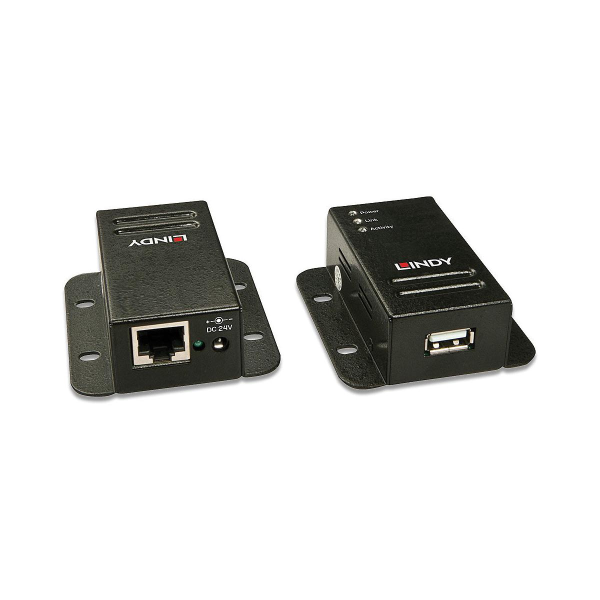 Zwei schwarze Lindy-Adapter mit Montagehalterungen. Einer hat einen Ethernet-Anschluss, der andere einen USB-Anschluss.