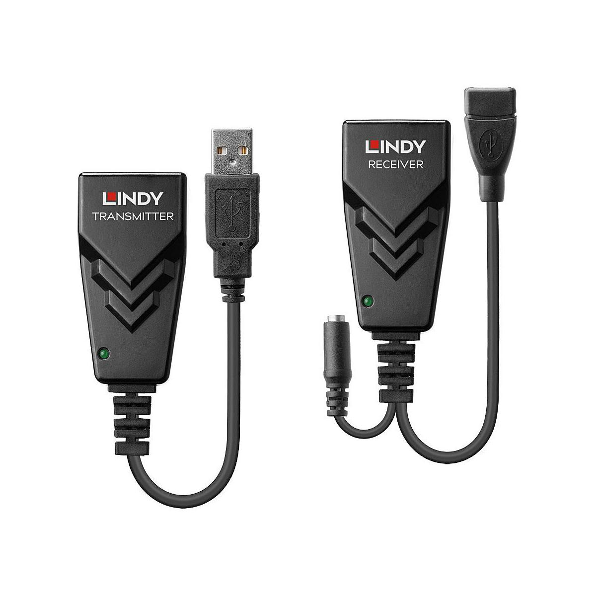 Due adattatori Lindy neri: trasmettitore con spina USB-A, ricevitore con presa USB-A.