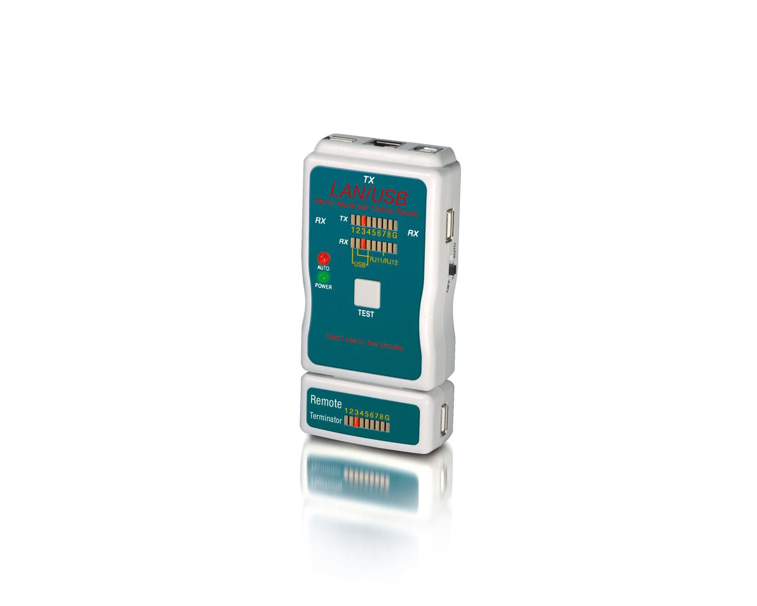 Biały tester kabli LAN/USB z czerwonymi i zielonymi diodami LED i etykietami.