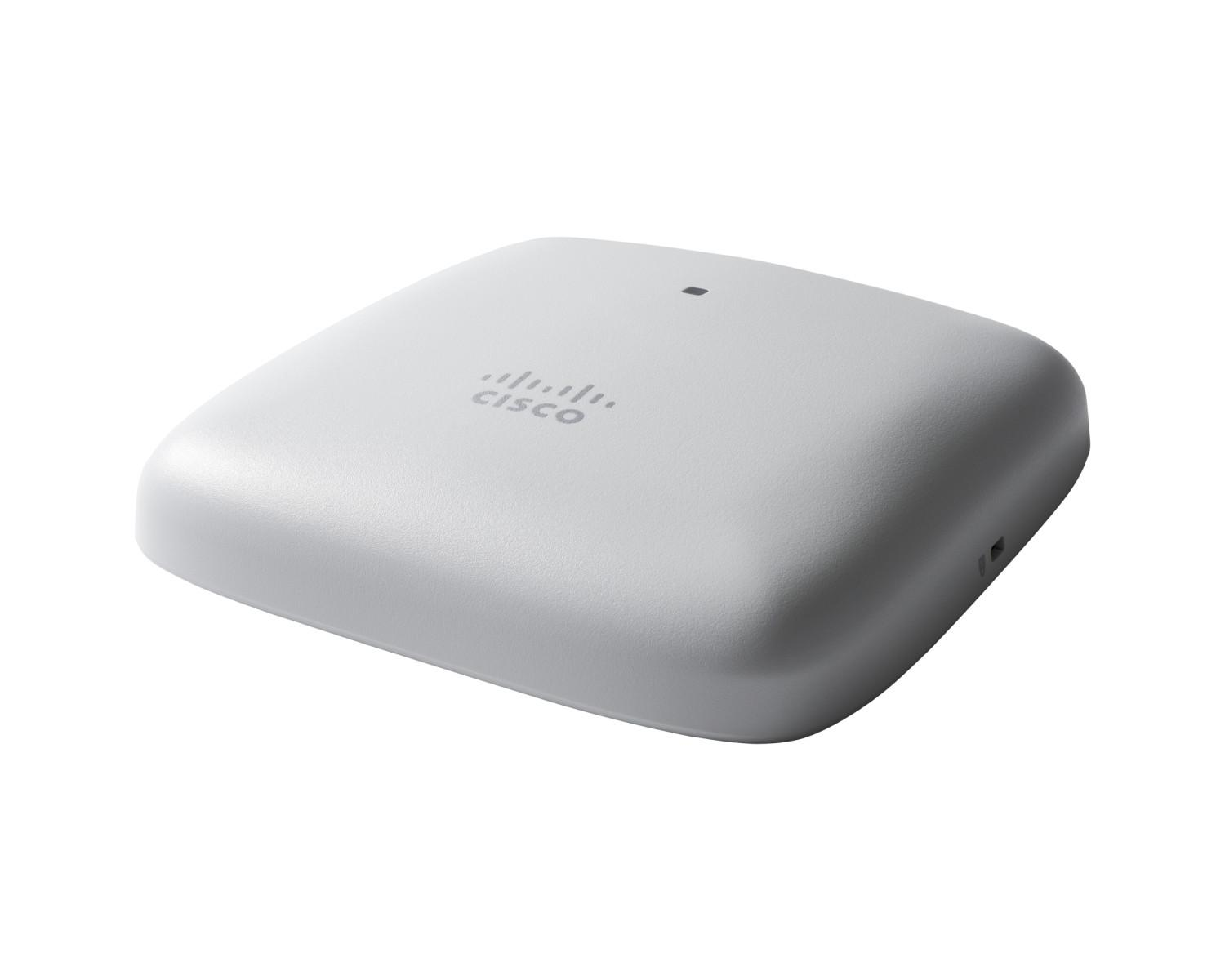 Un point d'accès Cisco blanc avec un logo discret et un petit port de charge.