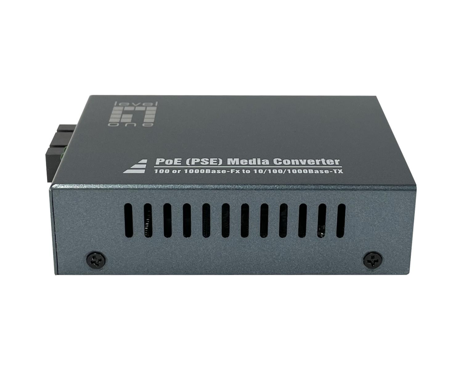 Convertitore multimediale PoE grigio con prese d'aria ed etichetta.