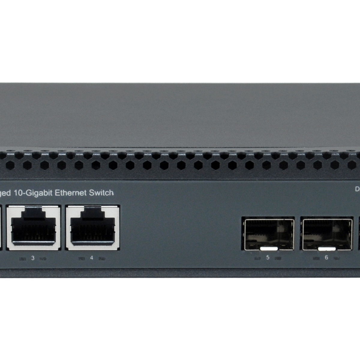 Un dispositivo switch di rete grigio con porte etichettate 3, 4, 5 e 6.