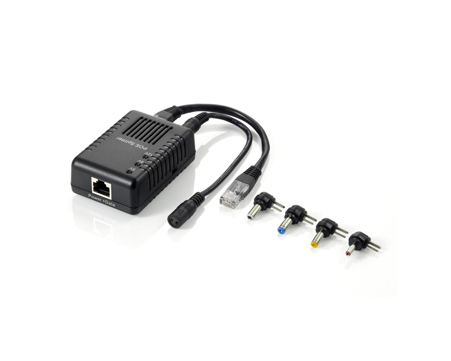 A black PoE splitter with an Ethernet cable and various plug adapters.