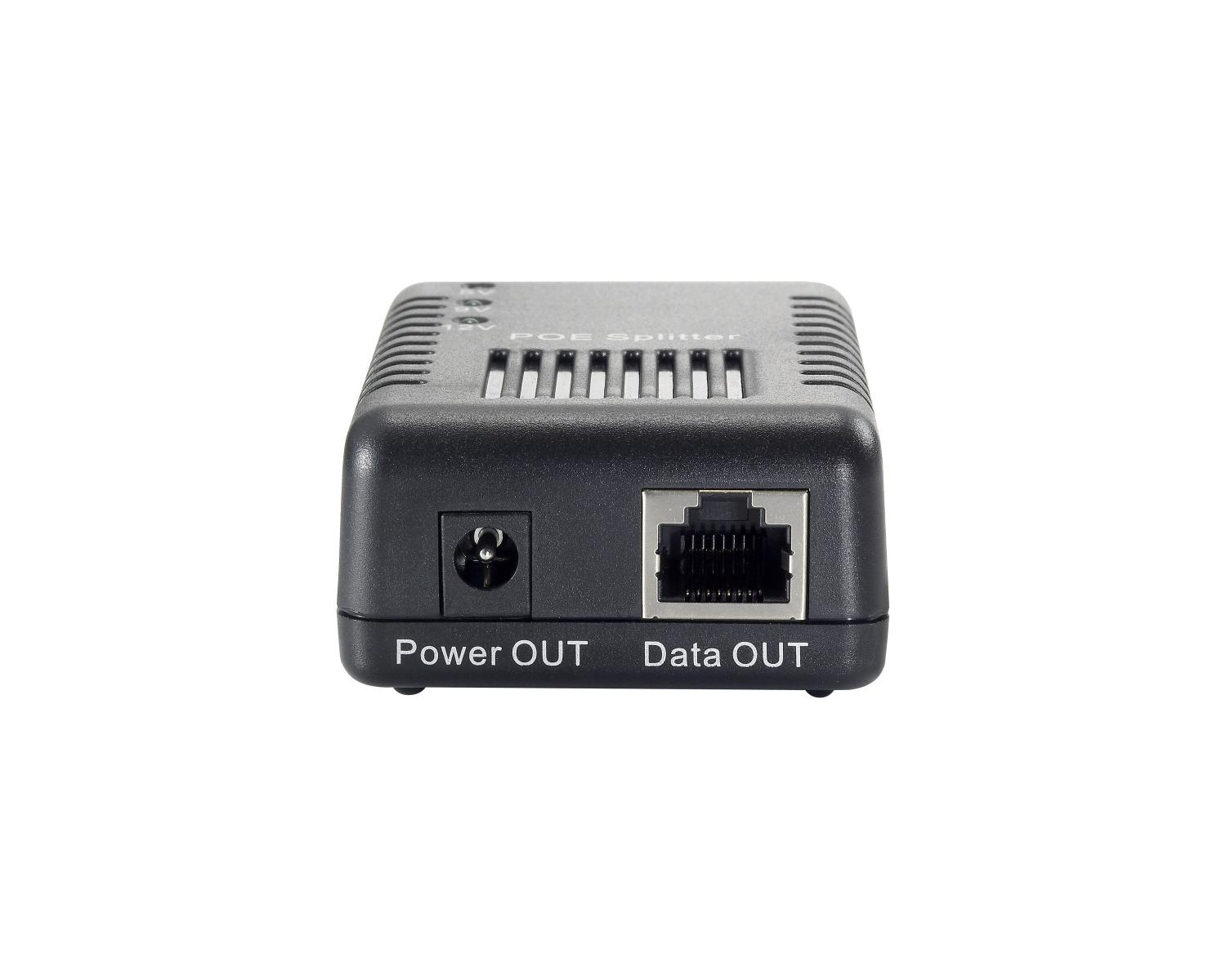 A black POE splitter with power out and data out ports.