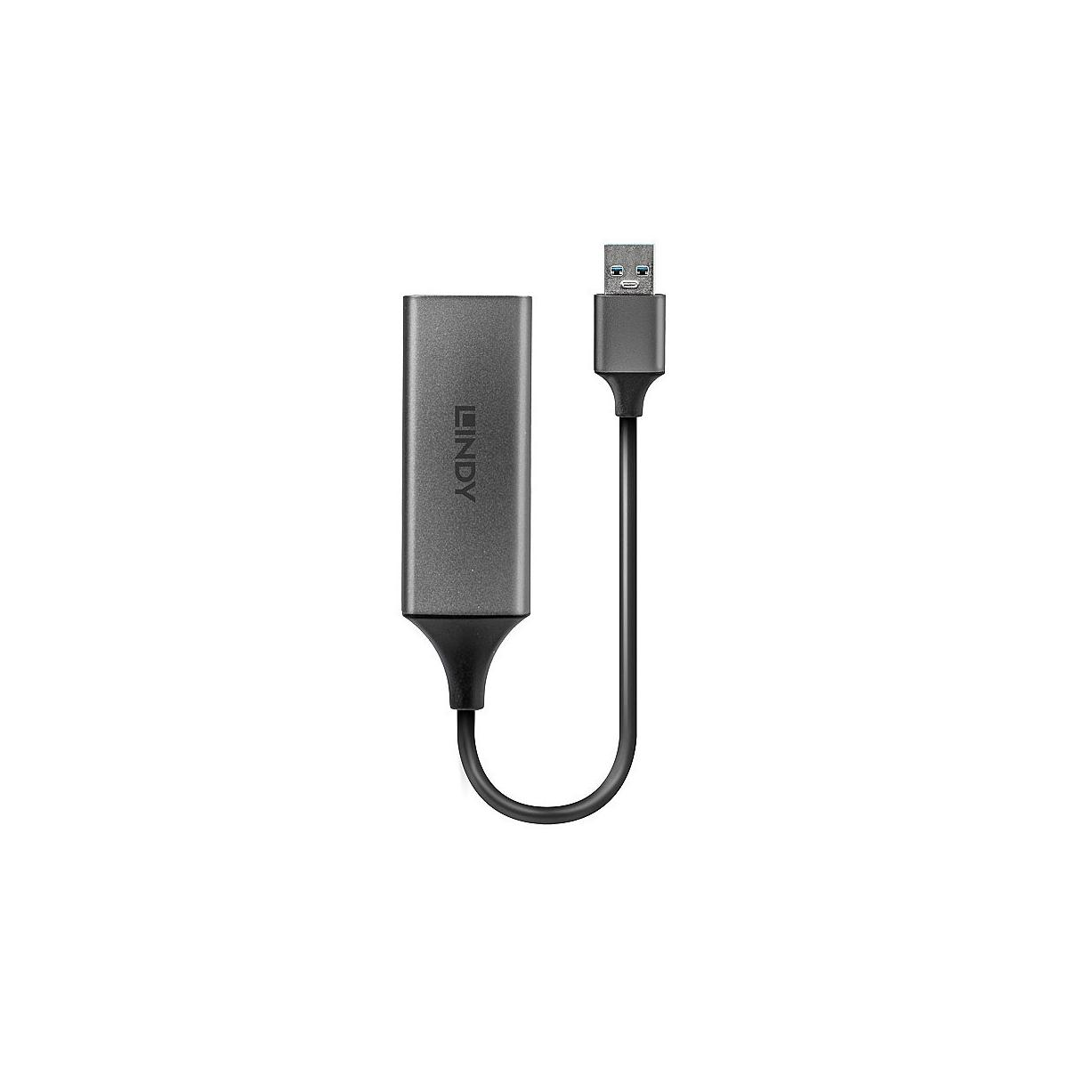 Adaptador Lindy gris con conector USB y cable.
