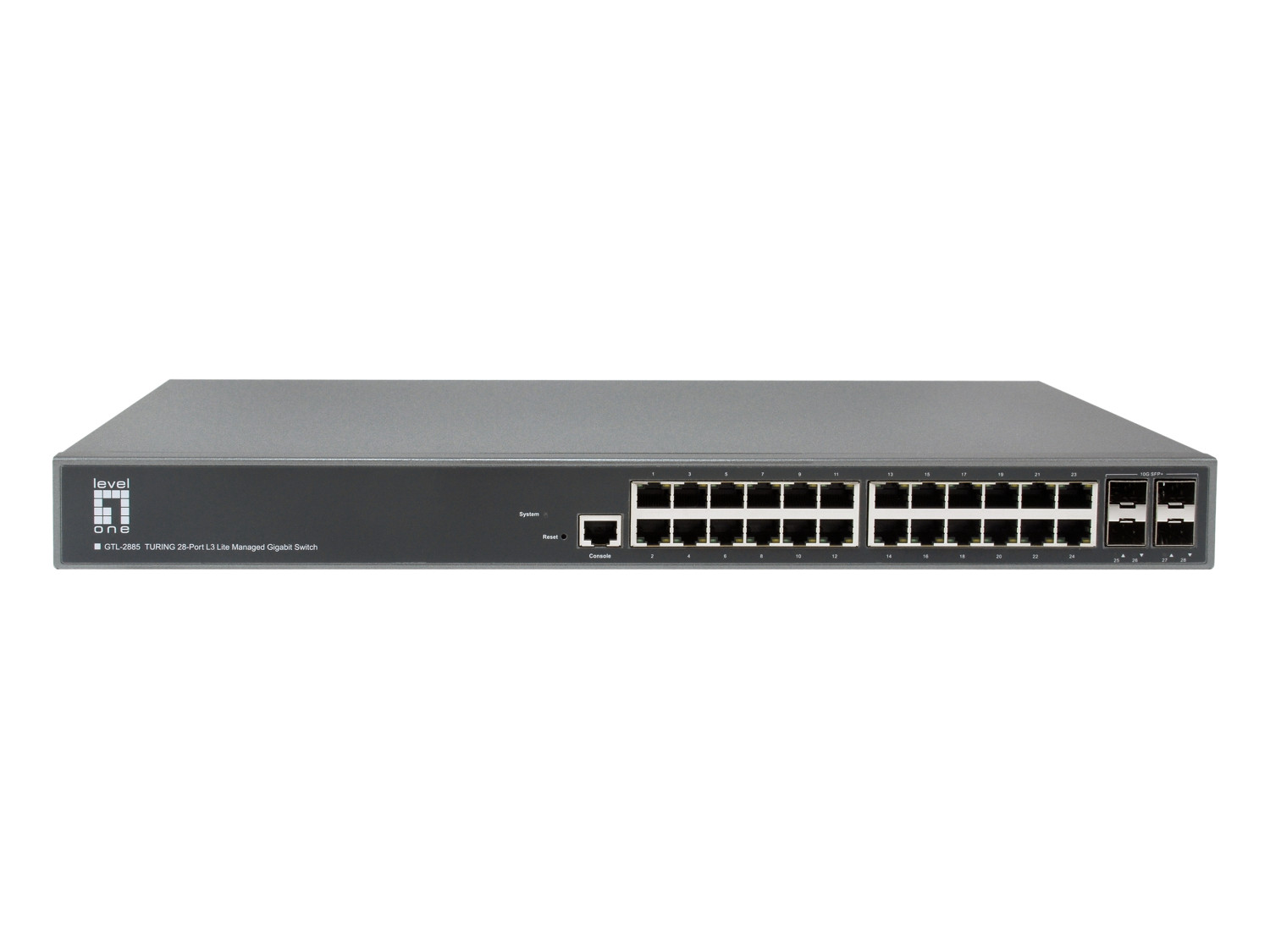 Switch gigabit gestito Level One grigio a 28 porte con porte numerate e spie.