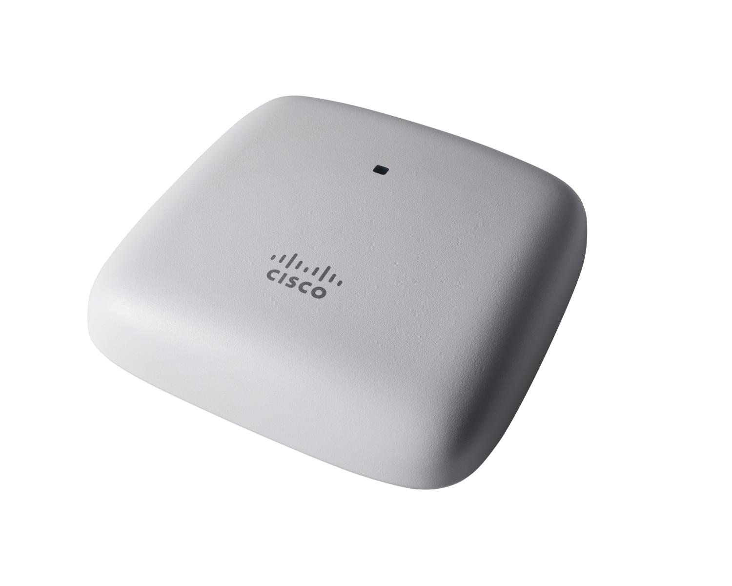 Un punto di accesso Cisco bianco con una piccola luce LED nera in cima.