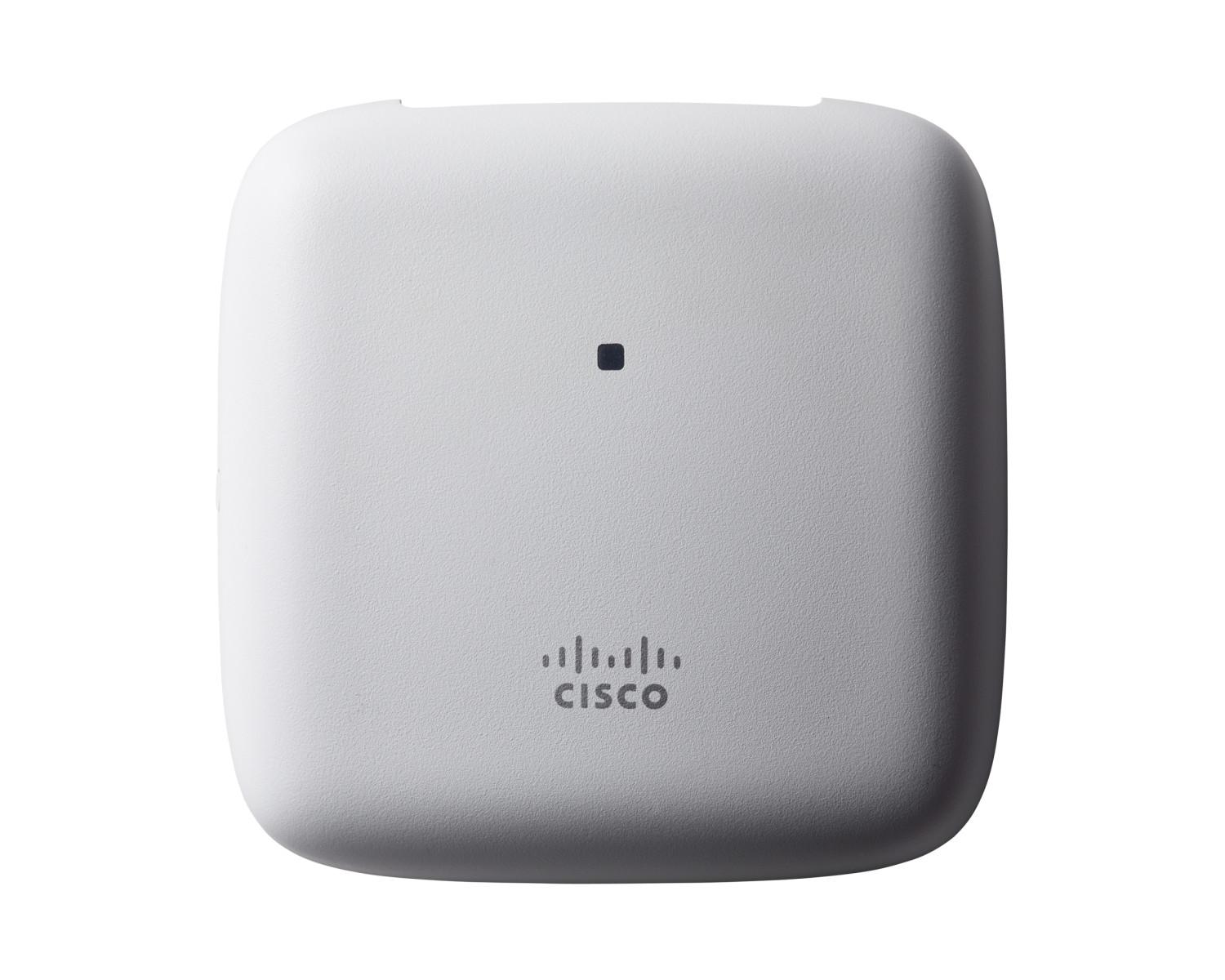 Un dispositivo Cisco access point bianco con un piccolo punto nero e il logo Cisco.