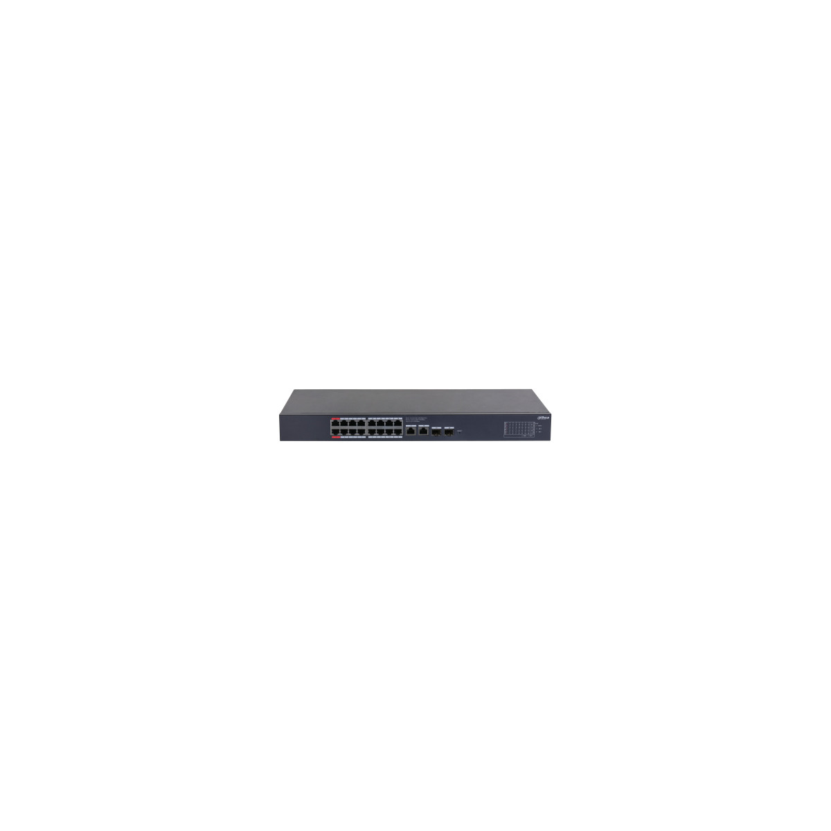 Uno switch di rete grigio a 24 porte con porte rosse e nere.