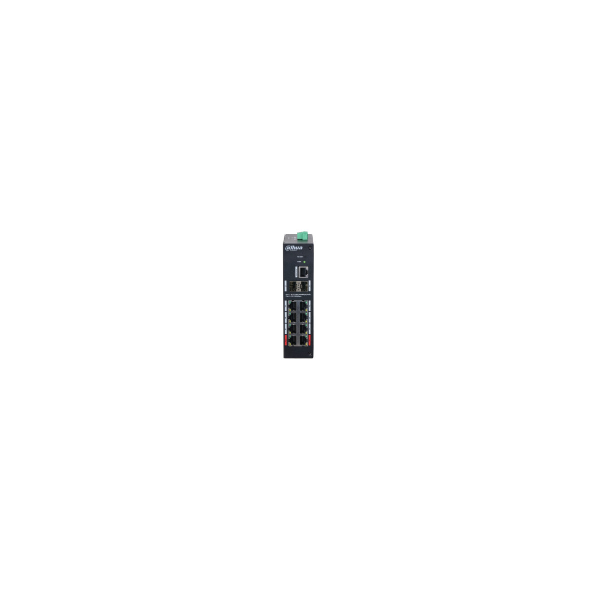 Un piccolo dispositivo di rete nero con più porte e il logo Dahua.