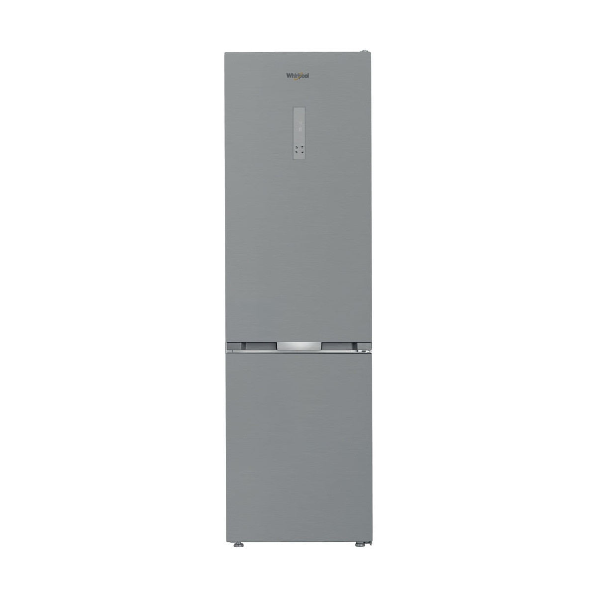 Un elegante frigorífico gris de dos puertas con el logo de Whirlpool arriba.