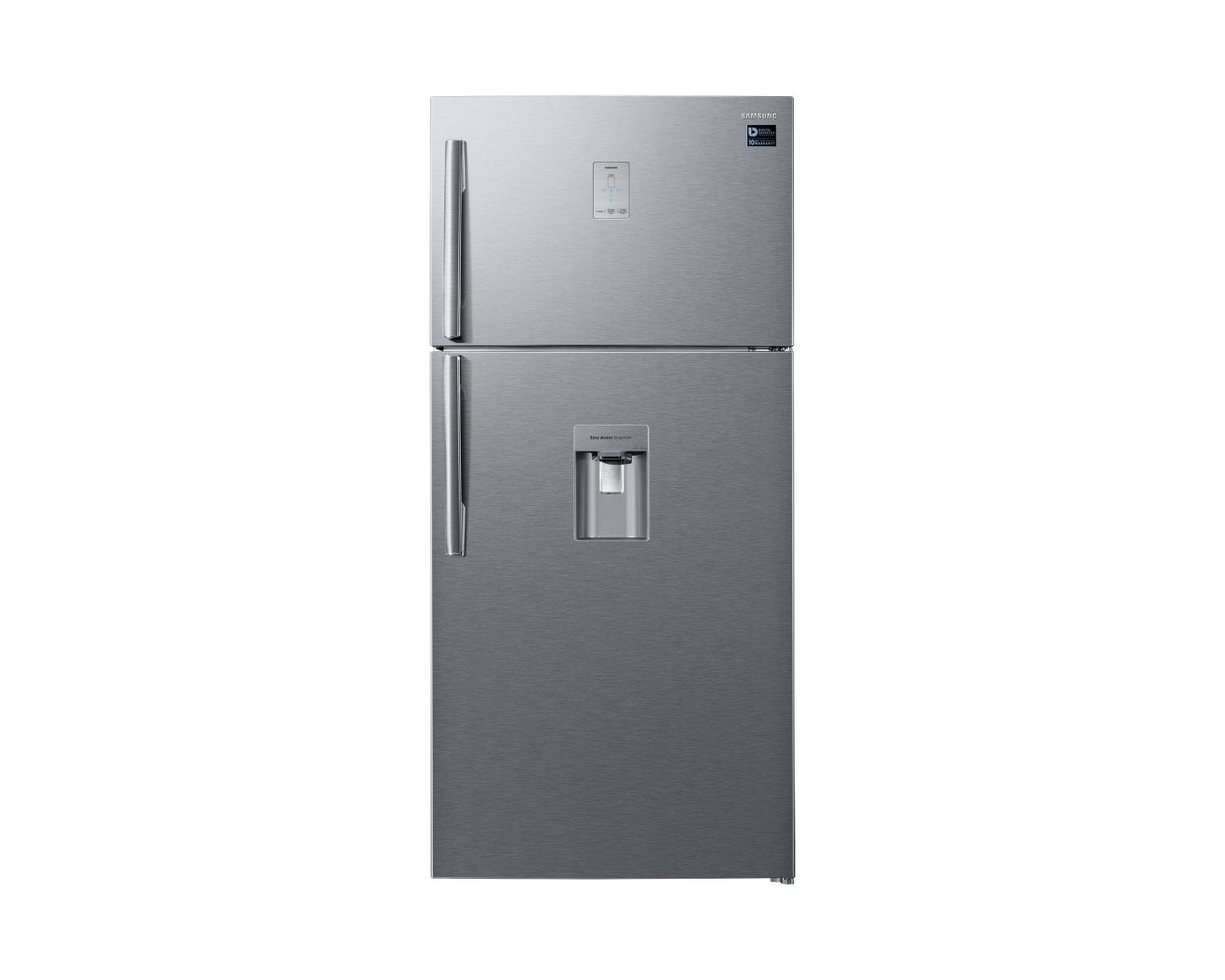 A silver Samsung two-door refrigerator with a water dispenser on the door.