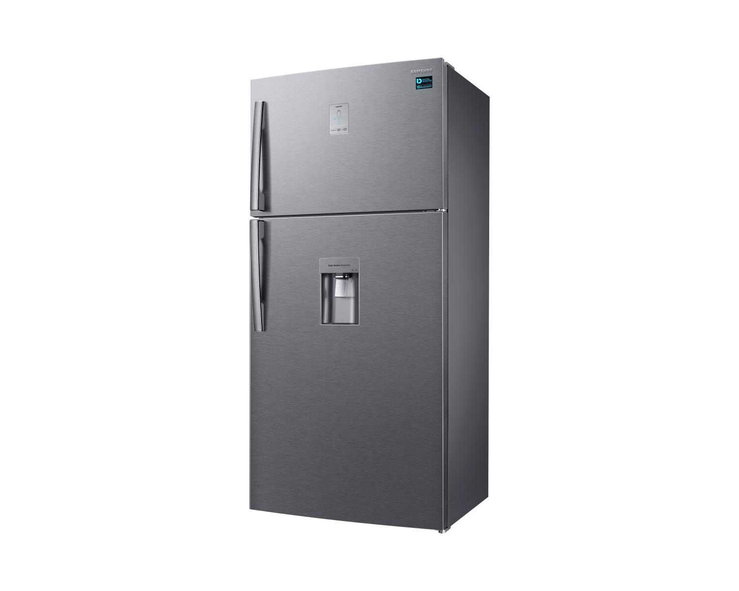 A silver Samsung two-door refrigerator with a water dispenser on the door.