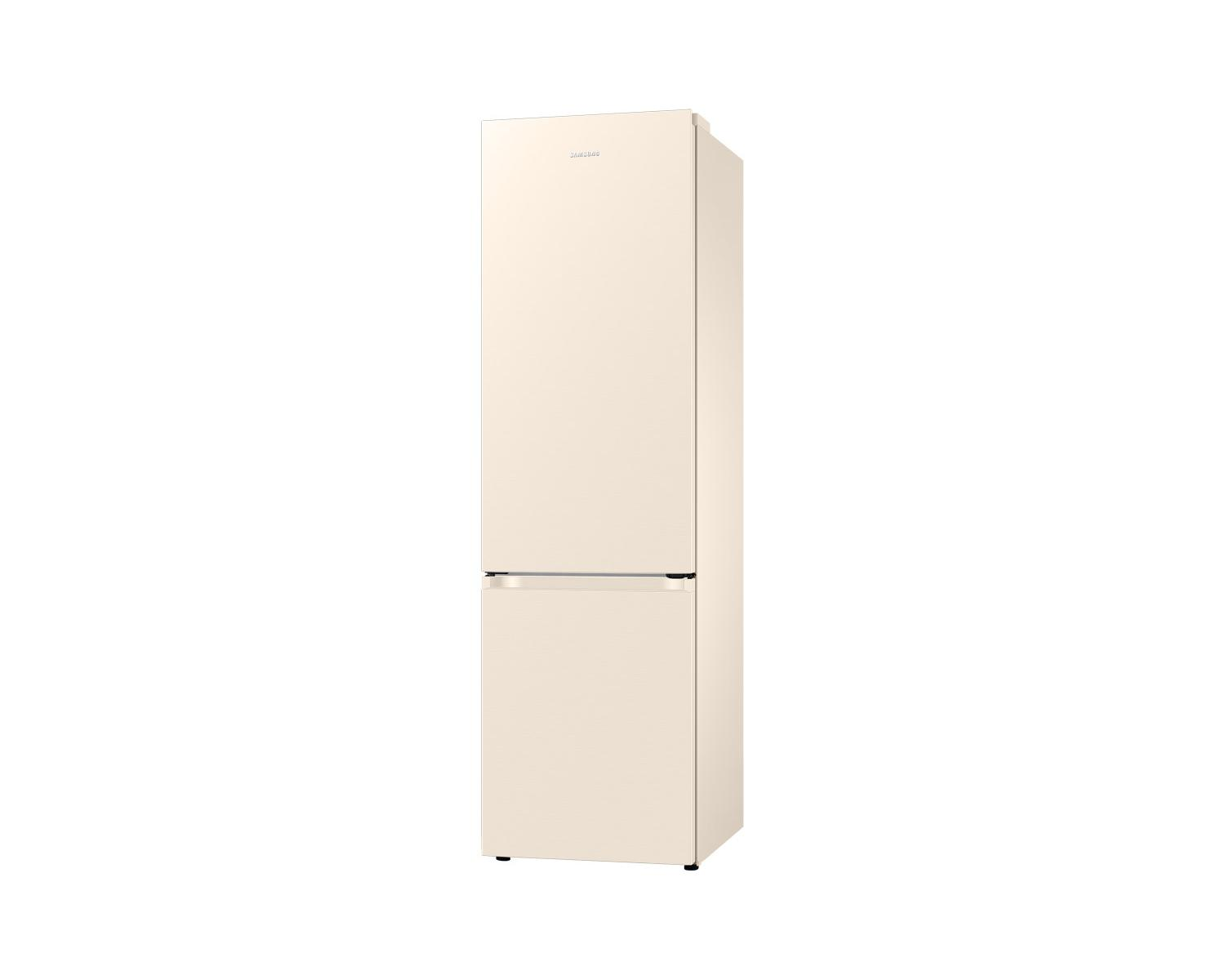 Un frigorifero color crema a due porte su sfondo bianco.