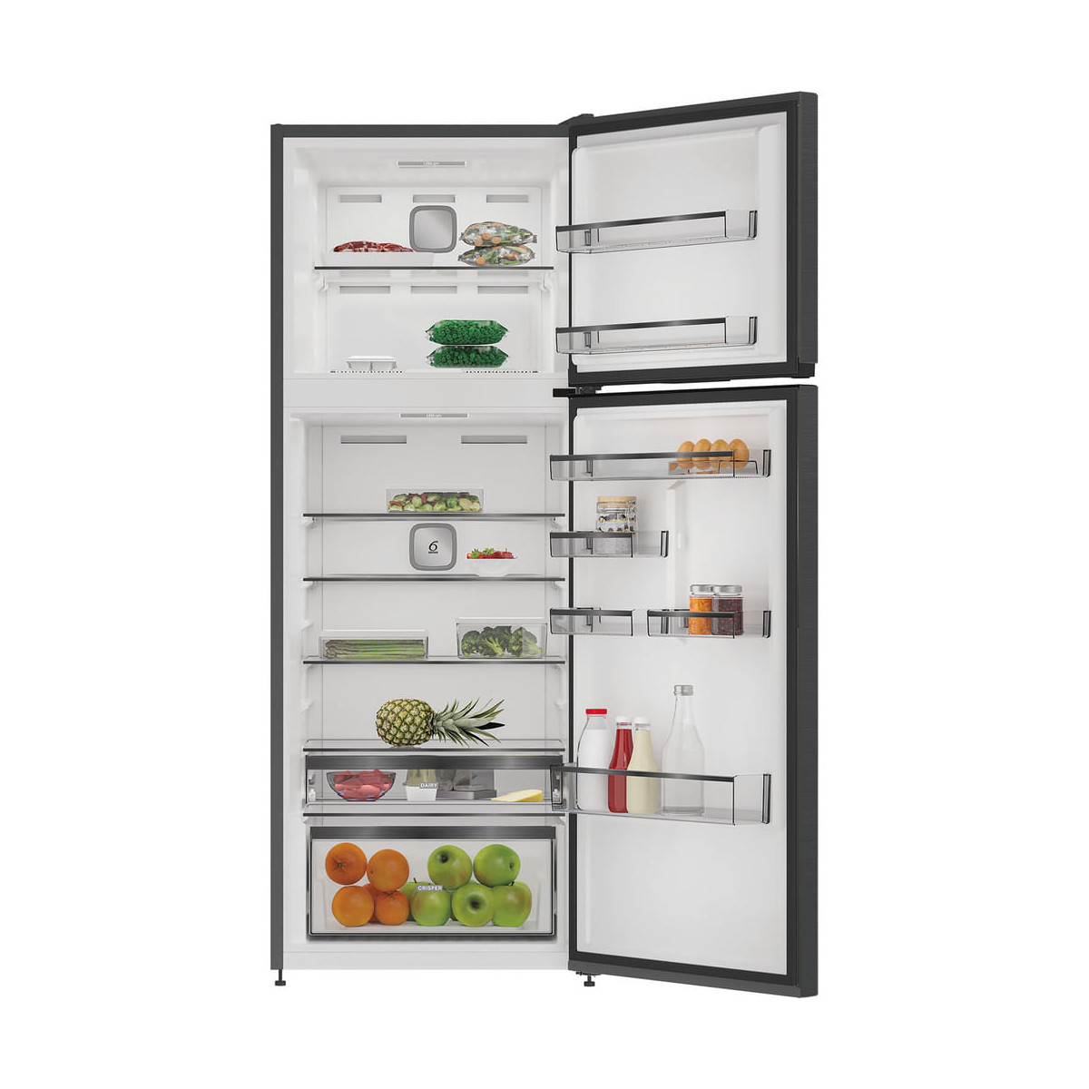 Open koelkast gevuld met voedsel: groenten, fruit, eieren, flessen.