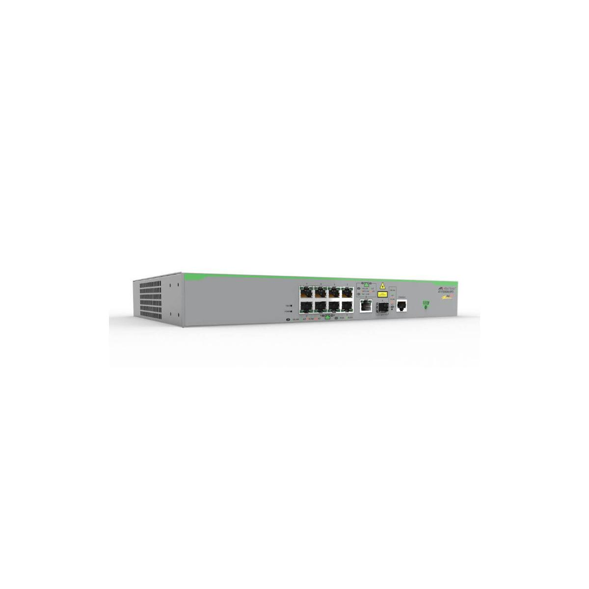 Uno switch di rete grigio con parte superiore verde e più porte.