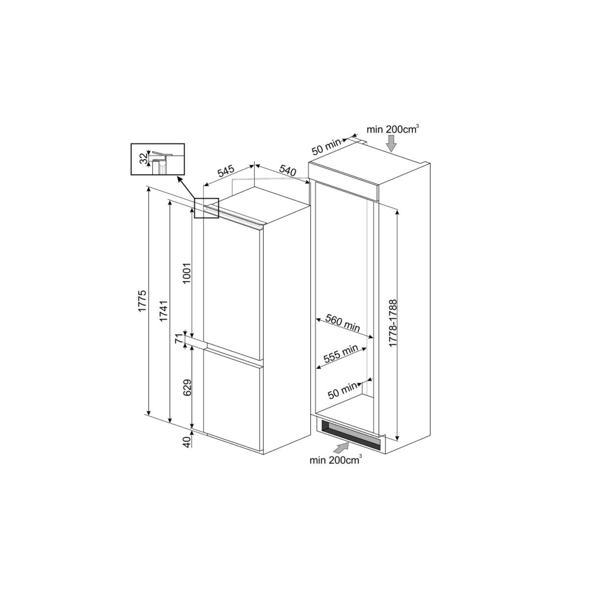 Technical drawing of a refrigerator with dimensions and clearances.