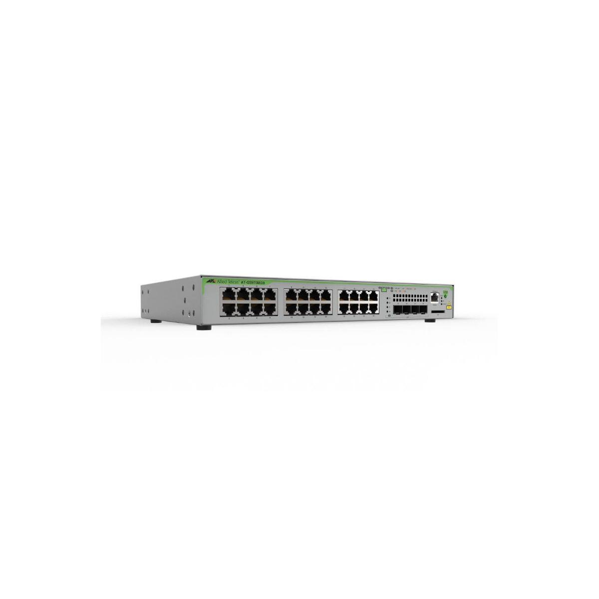 Grauer Netzwerk-Switch mit mehreren RJ45-Ports und Statusleuchten.