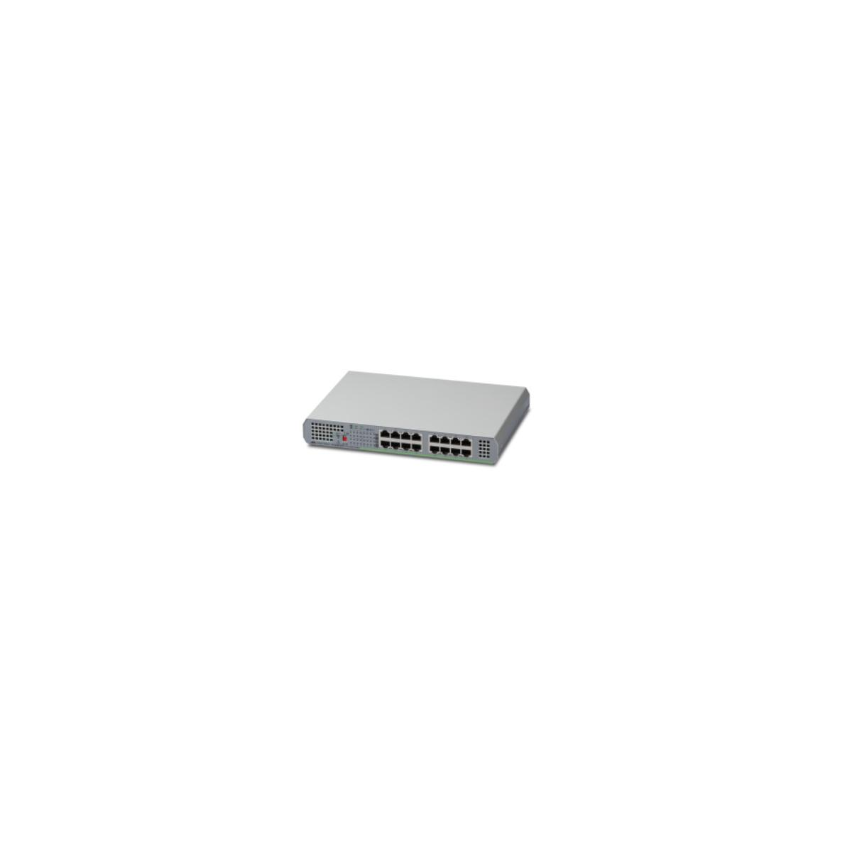 Uno switch di rete grigio con 16 porte e LED frontali.