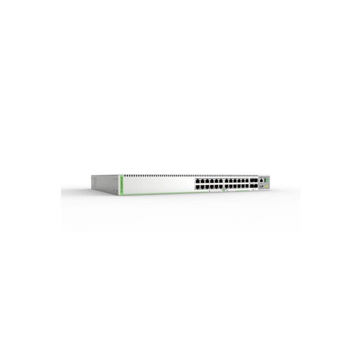 Un elegante dispositivo switch di rete argentato con numerose porte sul pannello frontale.