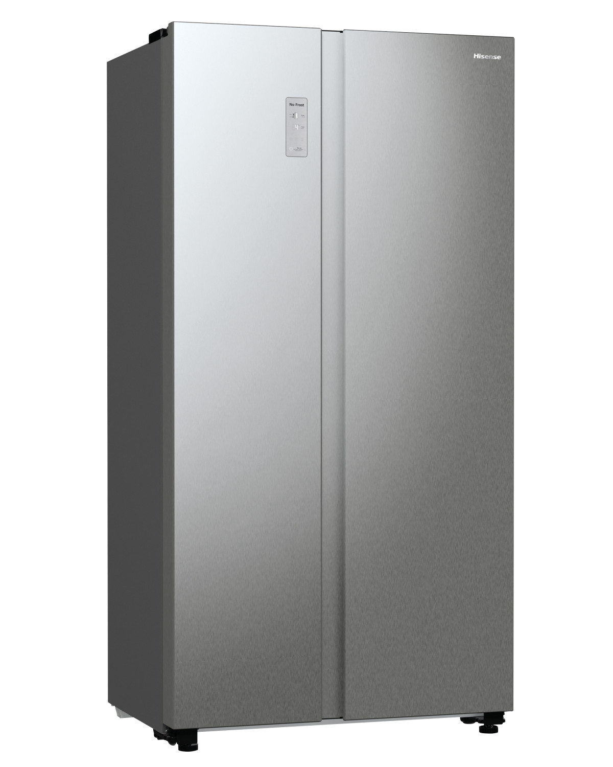 Frigorifero Hisense side-by-side argentato con display digitale sulla porta sinistra.