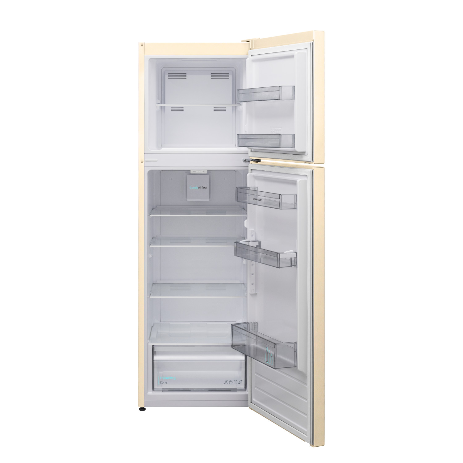 Ein offener, cremefarbener Kühlschrank mit mehreren Regalen und Schubladen.