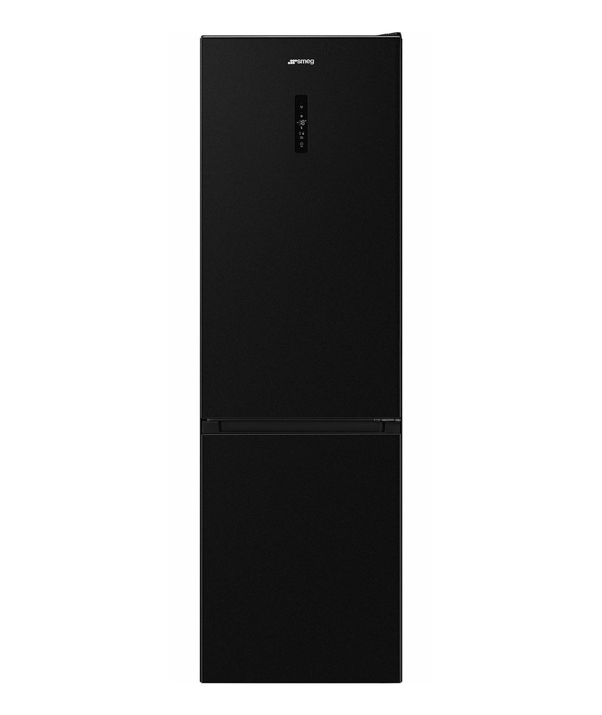 Un frigorifero Smeg nero con display digitale sulla porta superiore.