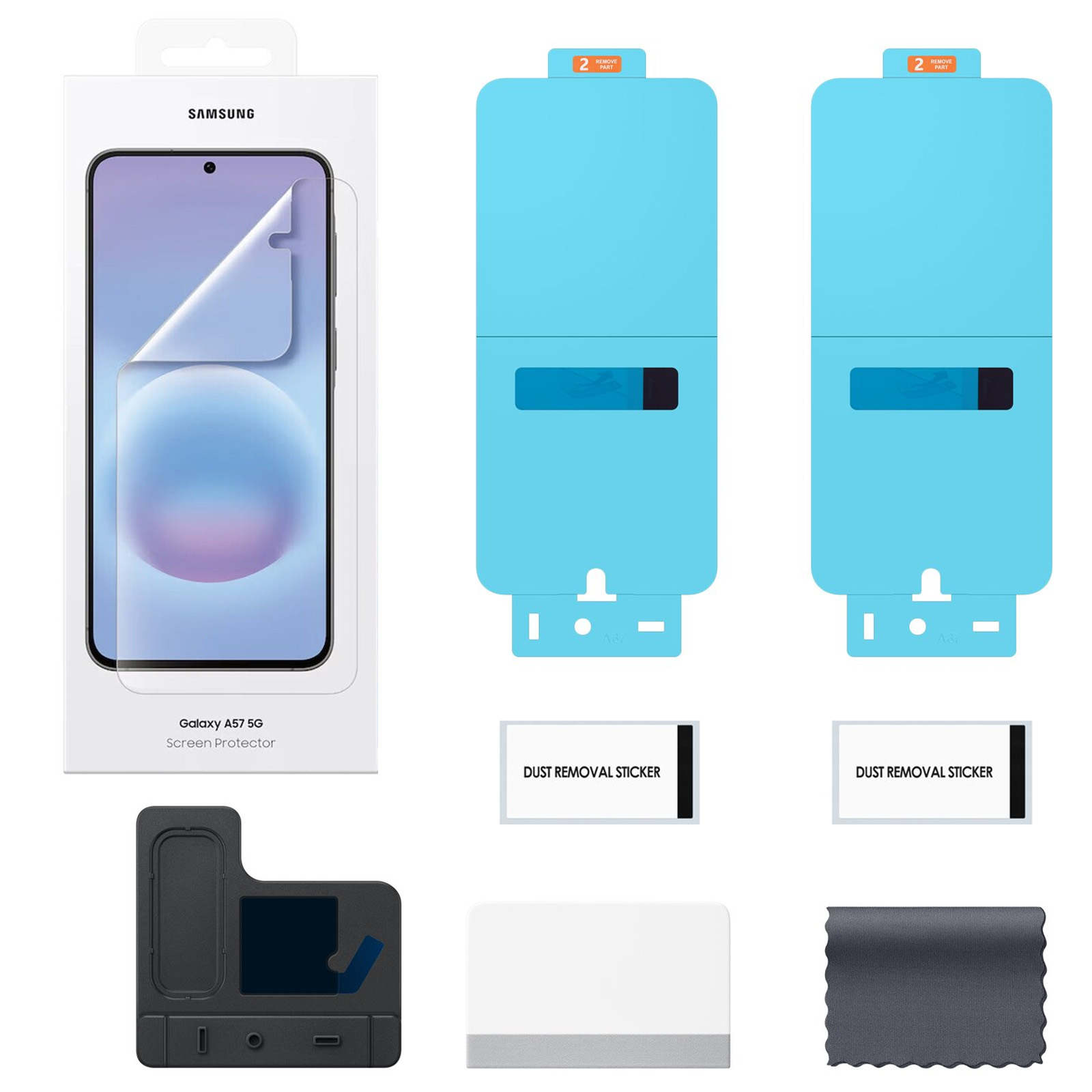 Kit de protection d'écran Samsung Galaxy A57 5G avec accessoires, autocollant anti-poussière et chiffon.