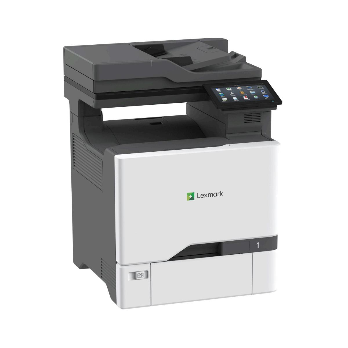 Drukarka Lexmark z ekranem dotykowym i tacą na papier.