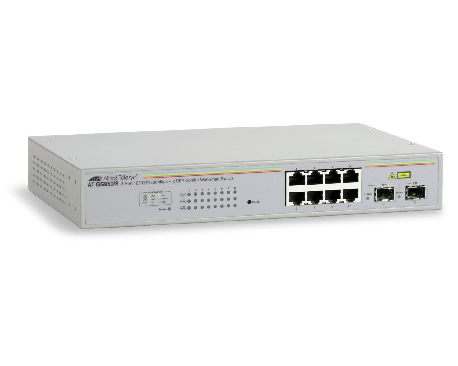 Un switch de red gris con 8 puertos Ethernet y 2 puertos SFP.