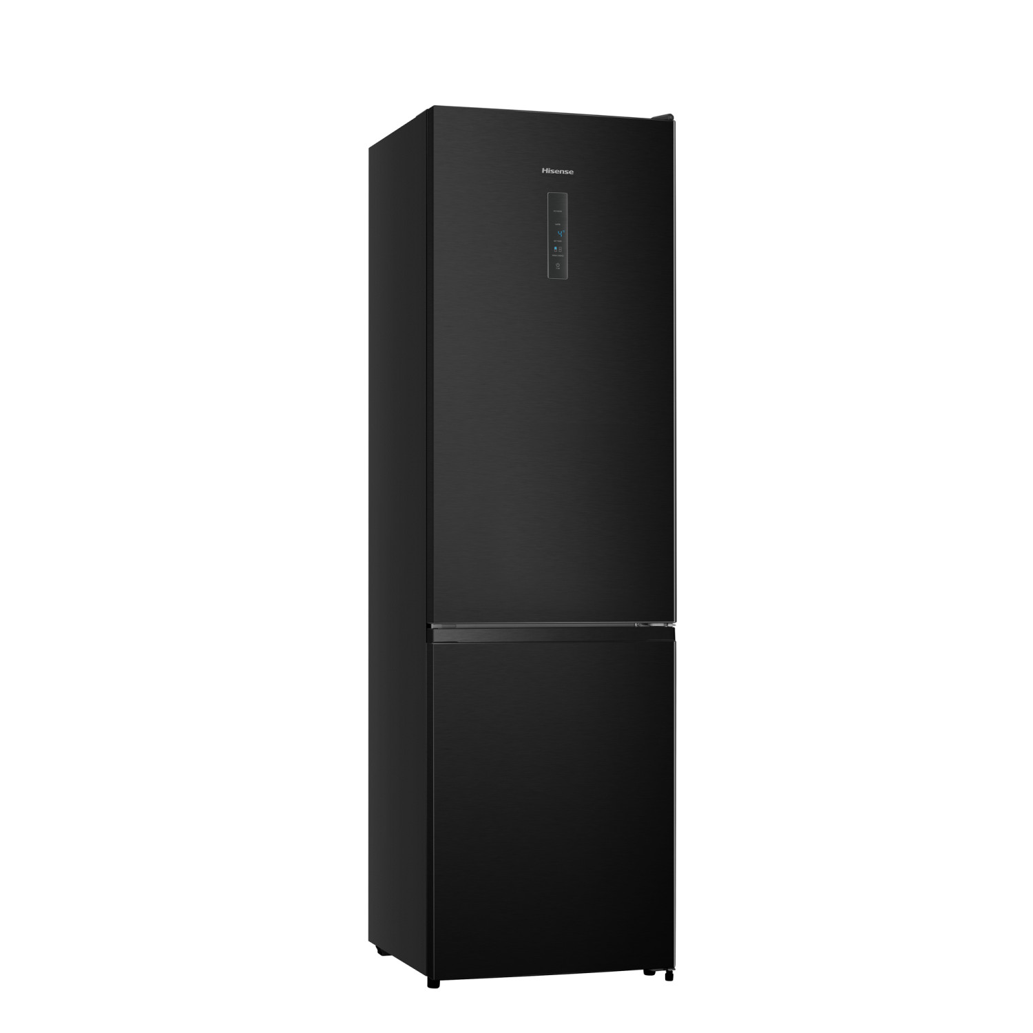 Ein schwarzer Hisense Kühlschrank mit Gefrierfach steht vor einem weißen Hintergrund.