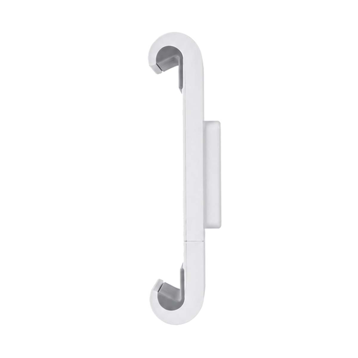 A white hook with a curved top and bottom, attached to a wall.