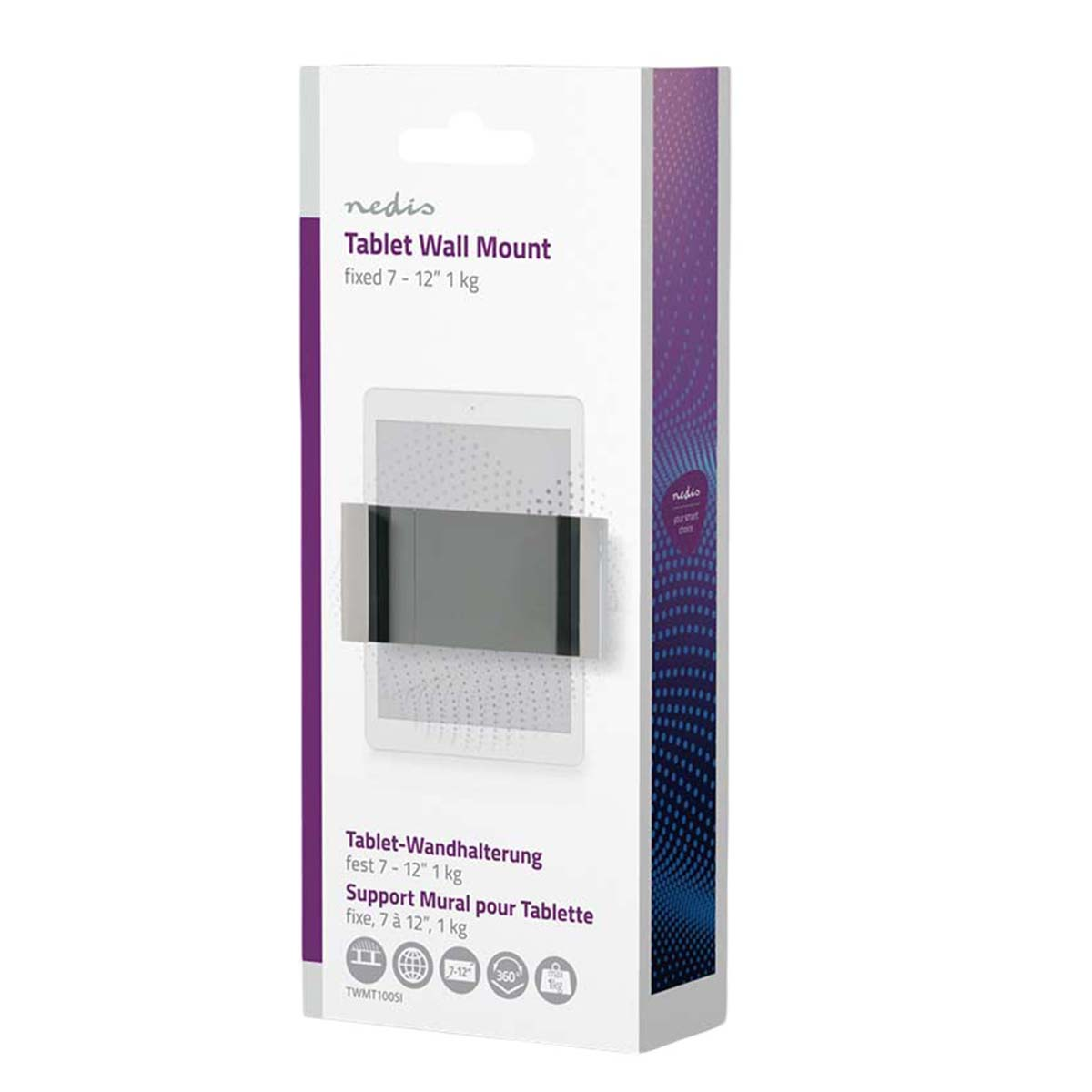 Packaging for a Nedis tablet wall mount for 7-12 inch tablets up to 1 kg.