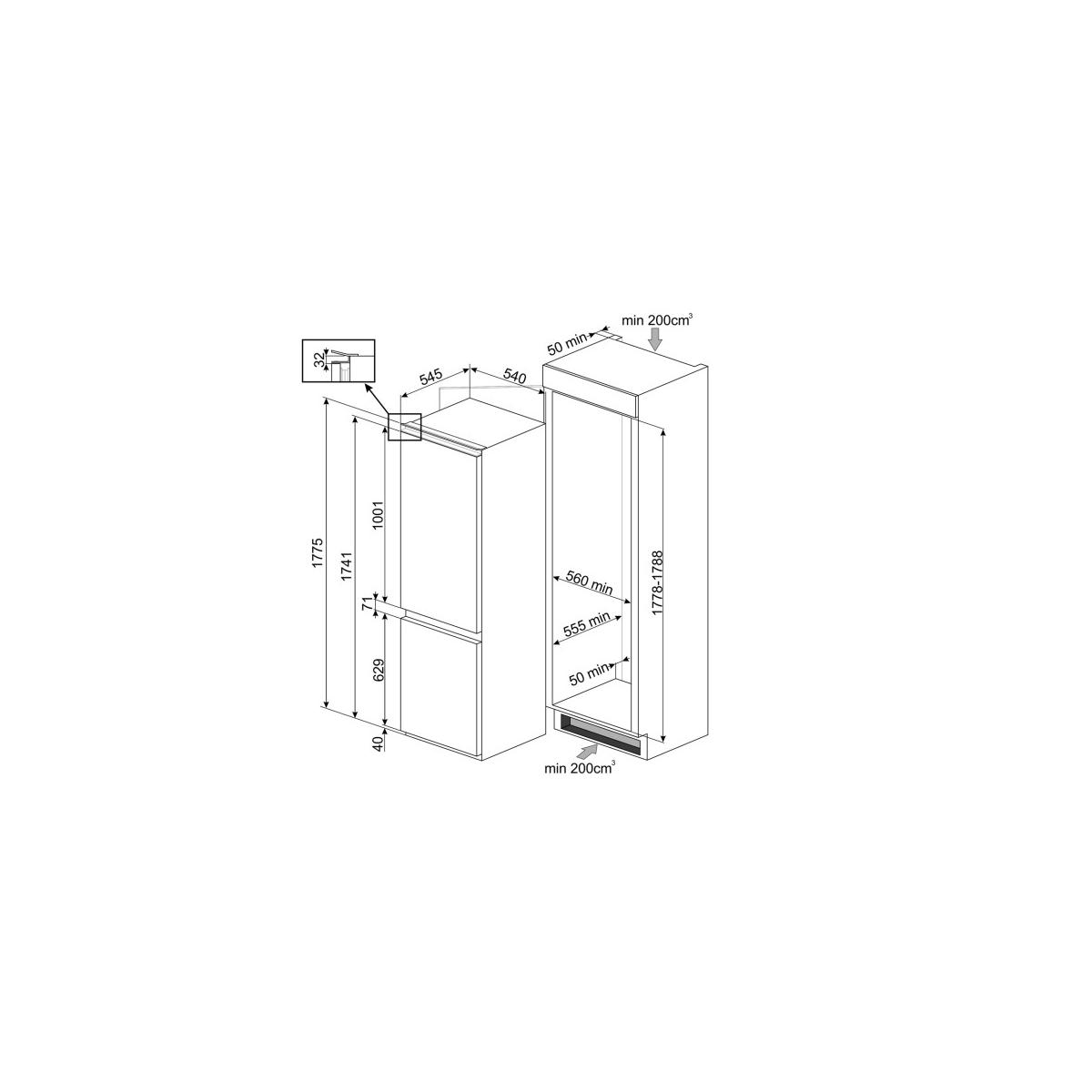 Technical drawing of a refrigerator with dimensions and clearances.