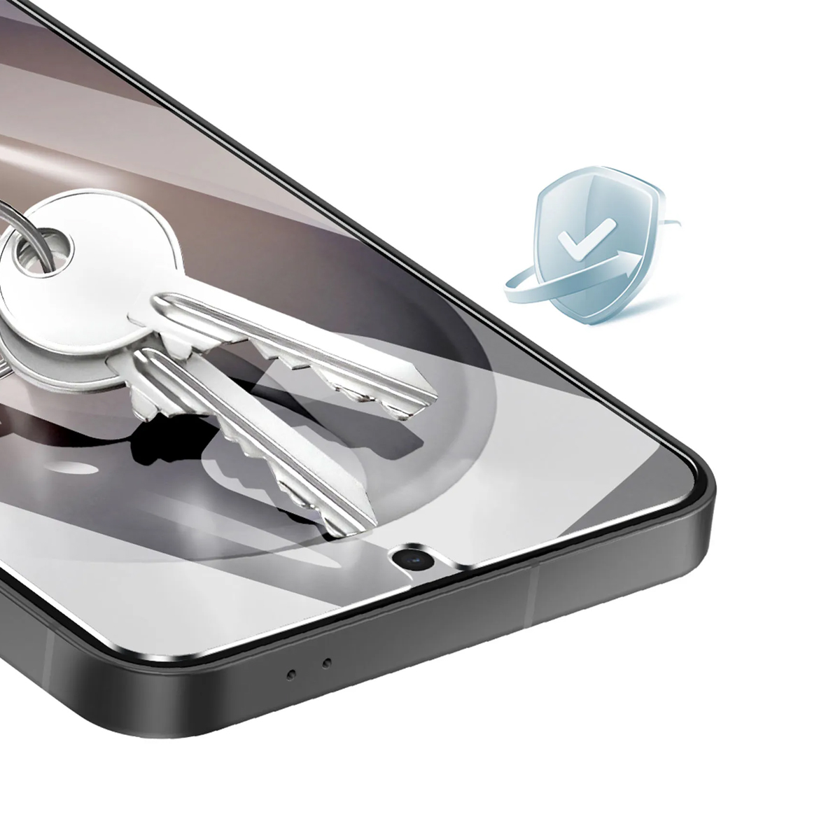Twee zilveren sleutels op een smartphone scherm. Een schild-icoon ernaast.