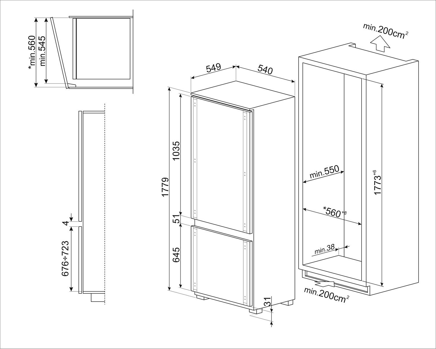 Disegno tecnico di un frigorifero con dimensioni e spazi.