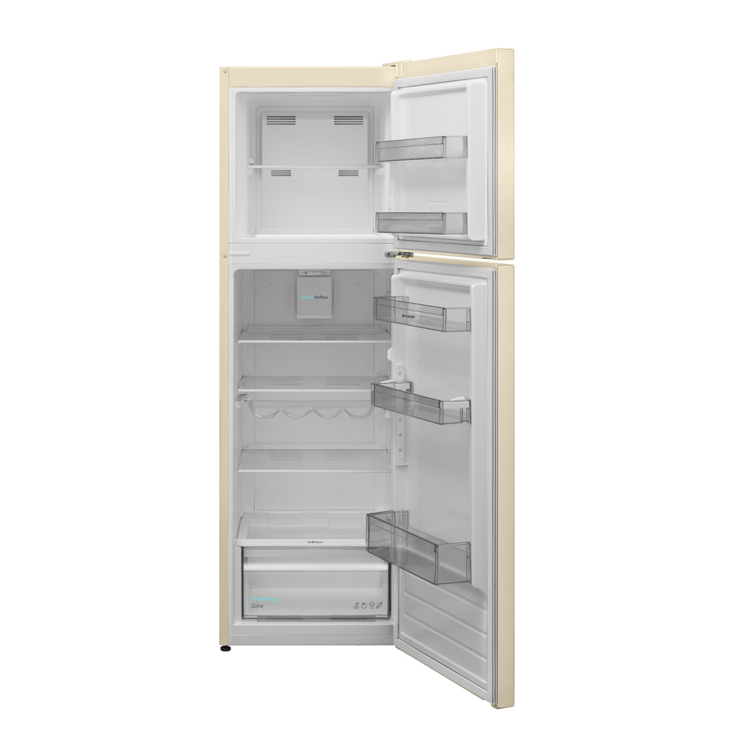 Ein cremefarbener Kühlschrank mit offenen Türen, der leere Regale zeigt.