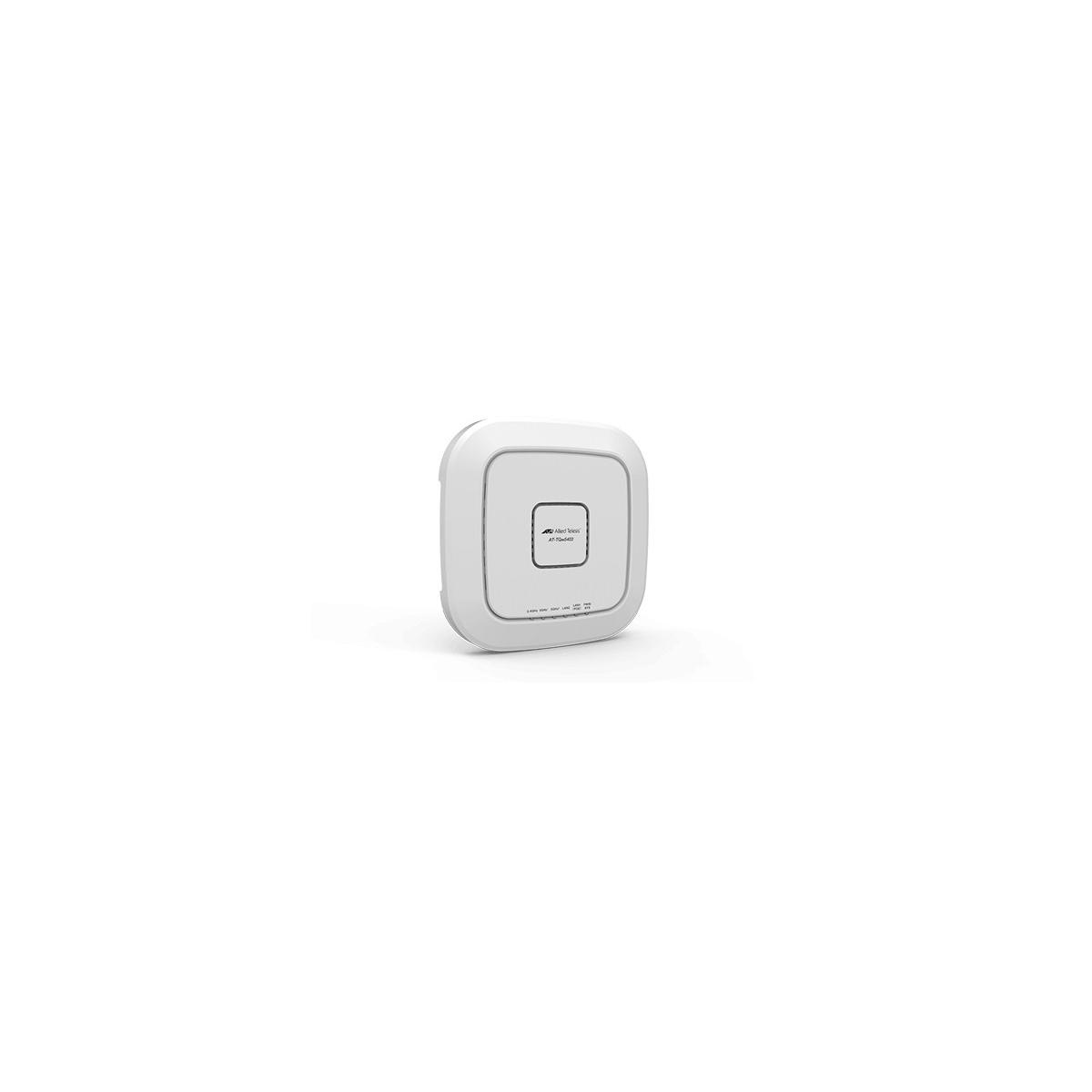 Een witte draadloze access point met logo en poorten aan de onderkant.