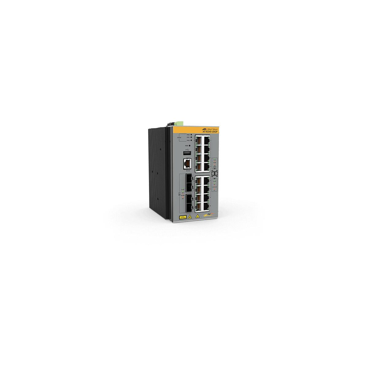 Switch di rete grigio con accento giallo e molte porte.