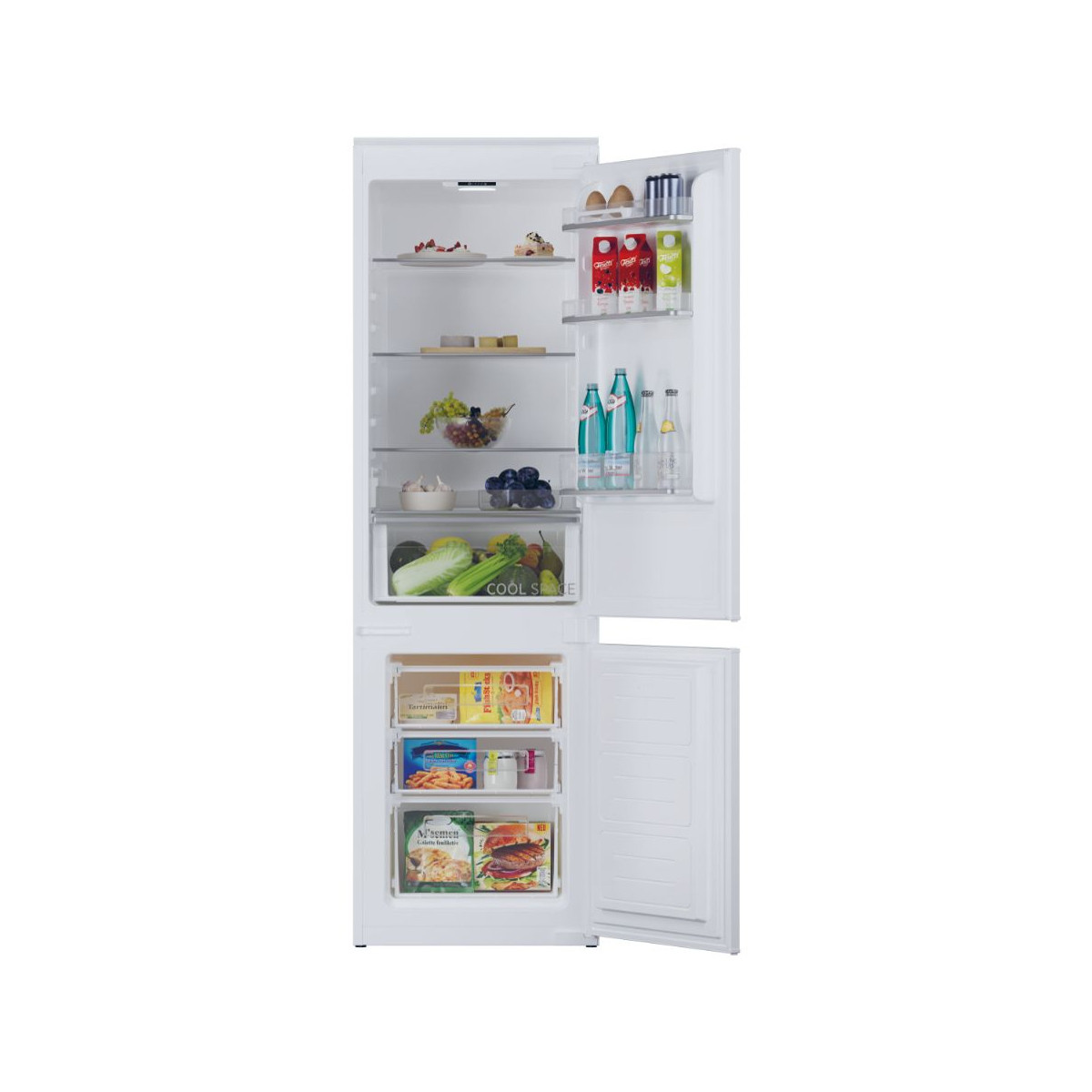 Un frigorifero bianco con la porta aperta, pieno di cibo e bevande.