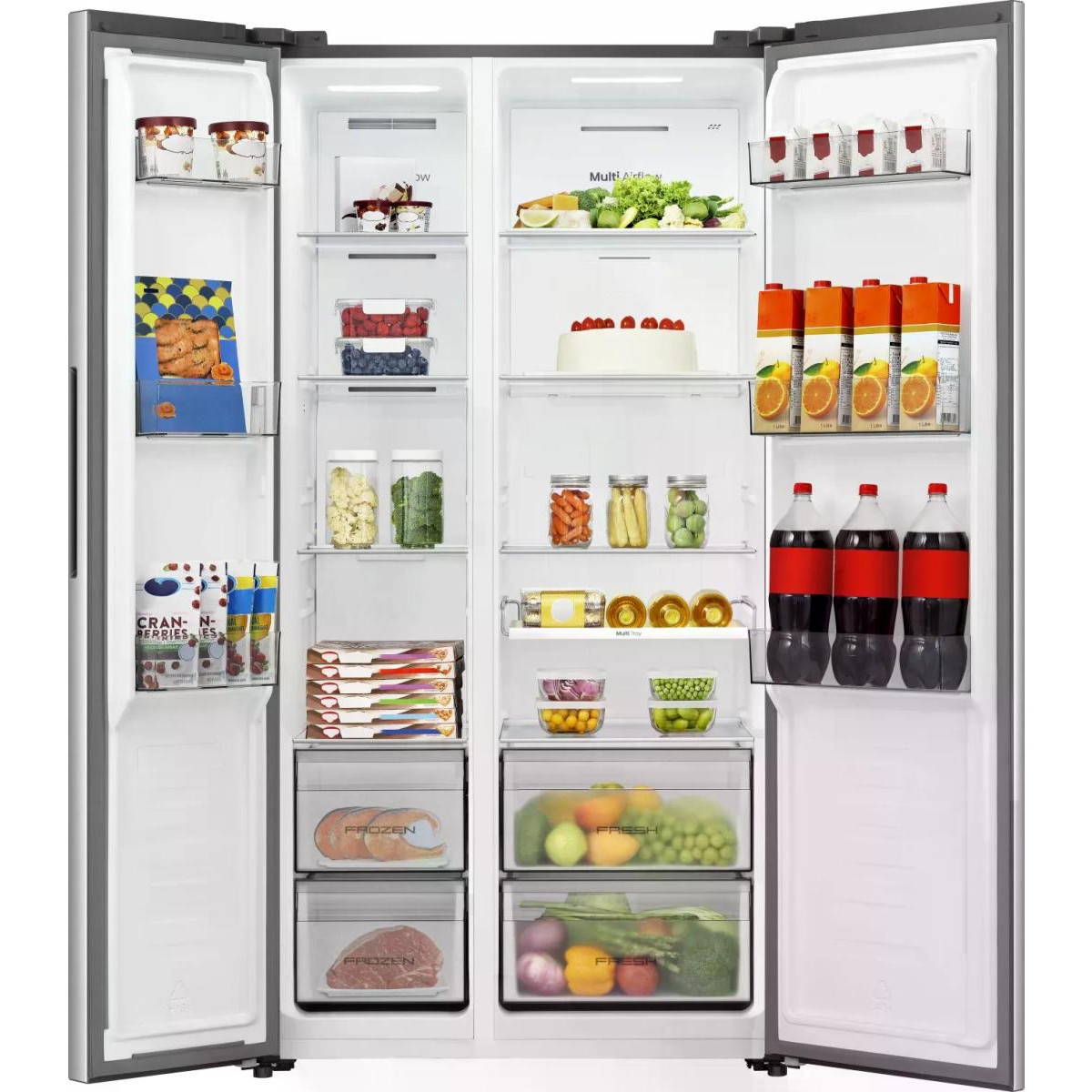 Ein offener Kühlschrank mit vielen Lebensmitteln und Getränken.