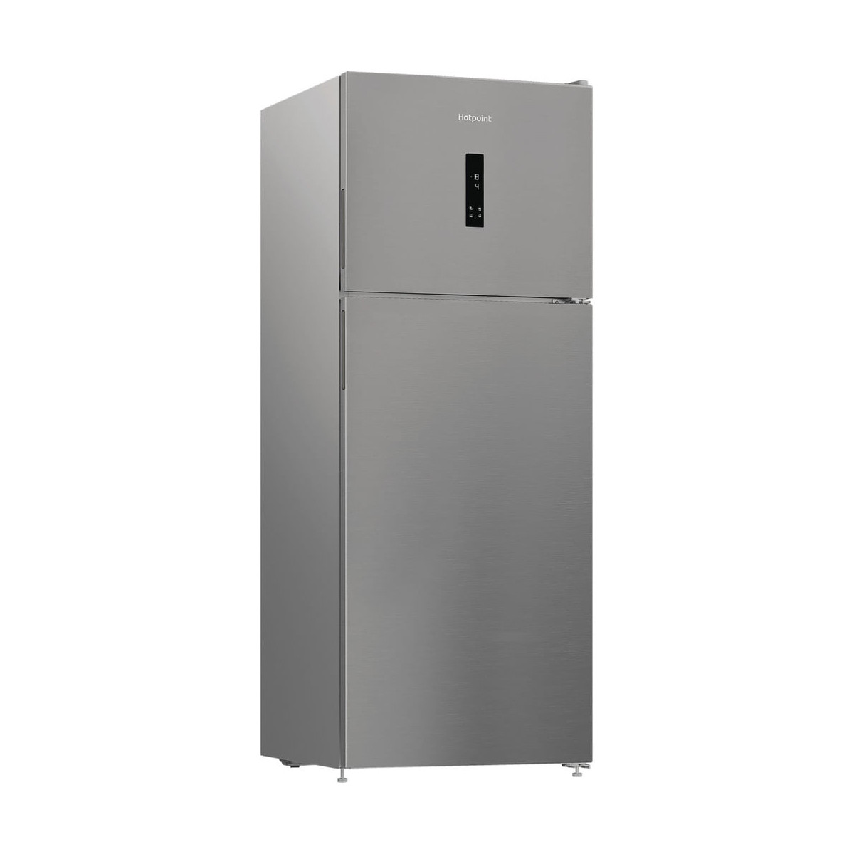Ein silberner Kühlschrank mit Gefrierfach oben und digitalem Display.