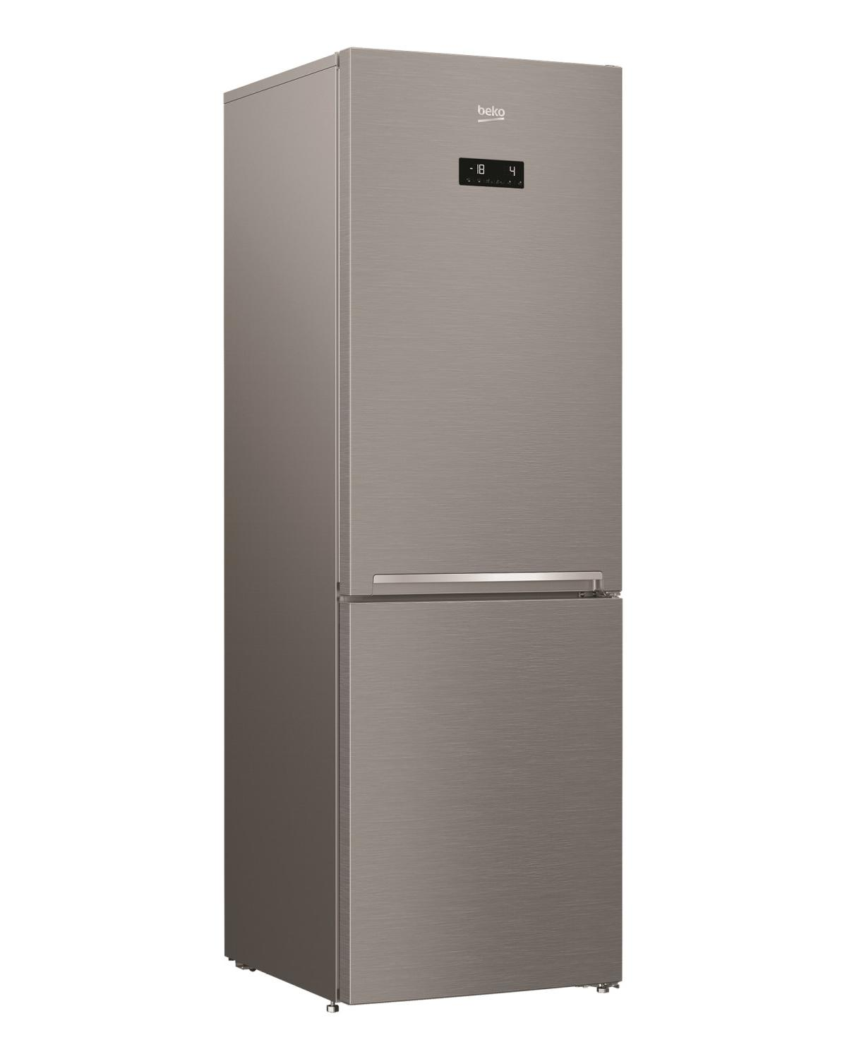 Un frigorifero Beko argentato con vano congelatore e display digitale.